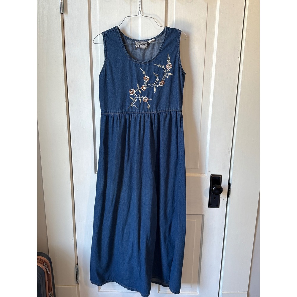 Style Denim Floral Embroidered Midi‎ Dress Size S Made in Nepal